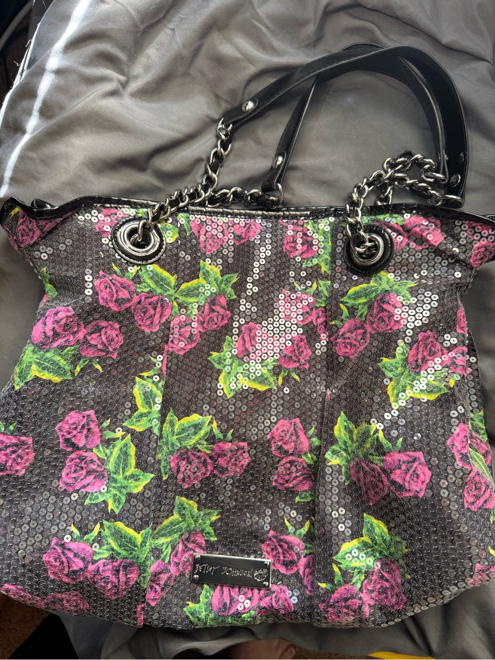 Betsey Johnson Black Sequin Tote with Pink and Green Floral Print